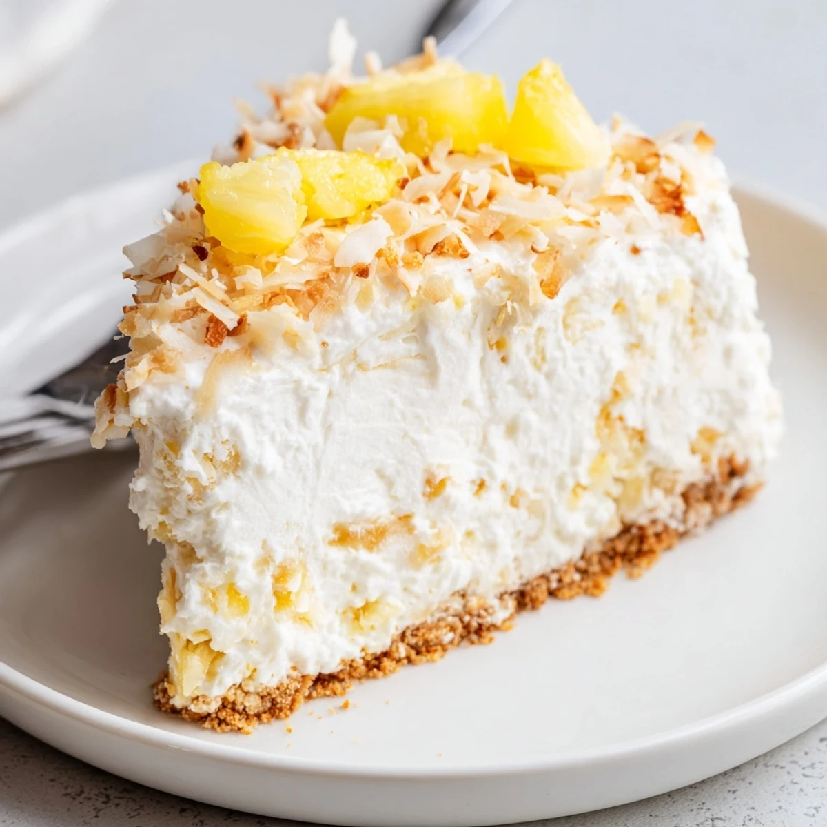 Golden toasted coconut crowns this fluffy no bake pineapple coconut cream cake