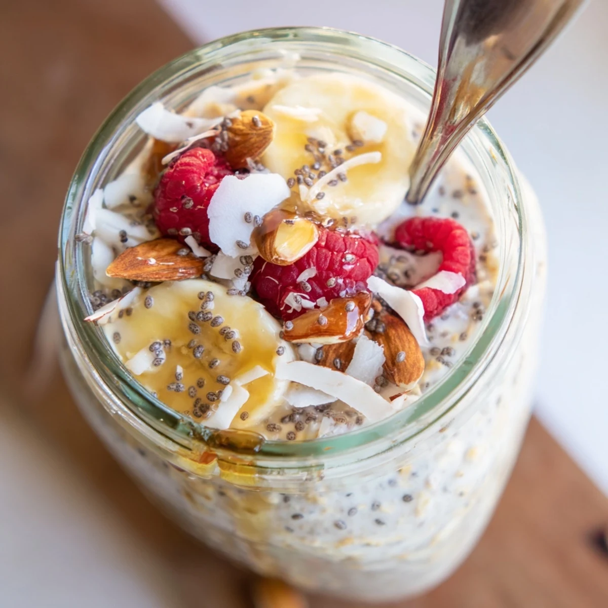 Thick protein overnight oats layered with banana slices and chopped nuts