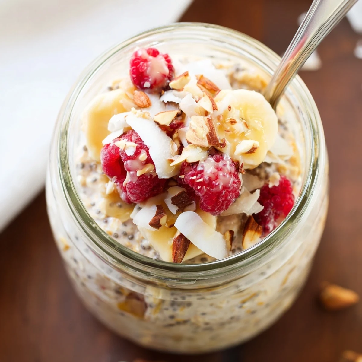 Creamy protein overnight oats topped with fresh berries in a glass jar
