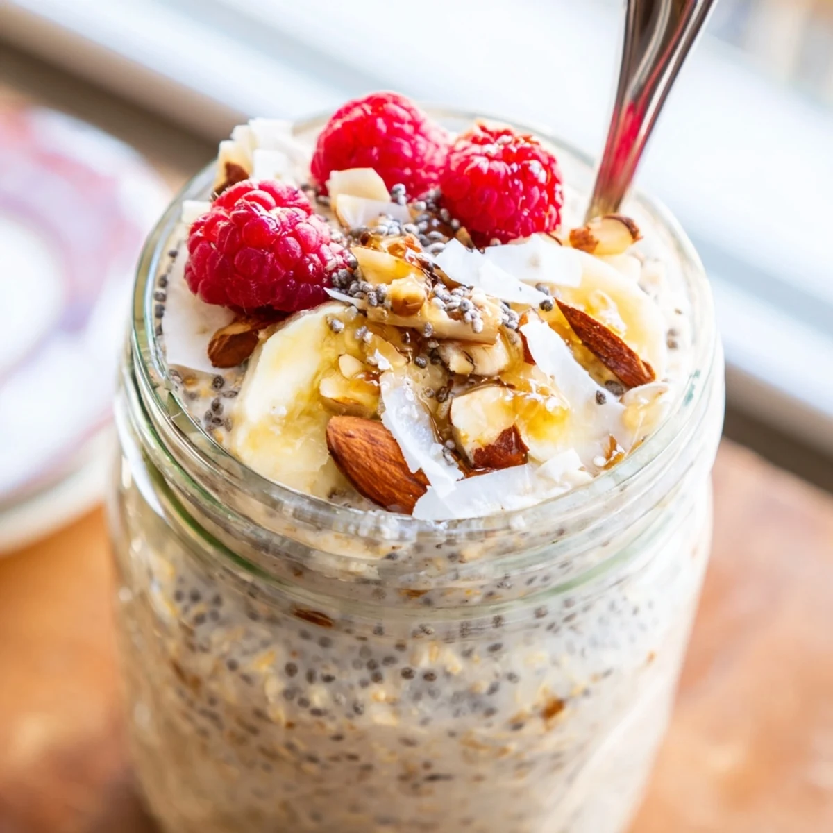 Smooth protein overnight oats served in a mason jar with berry toppings
