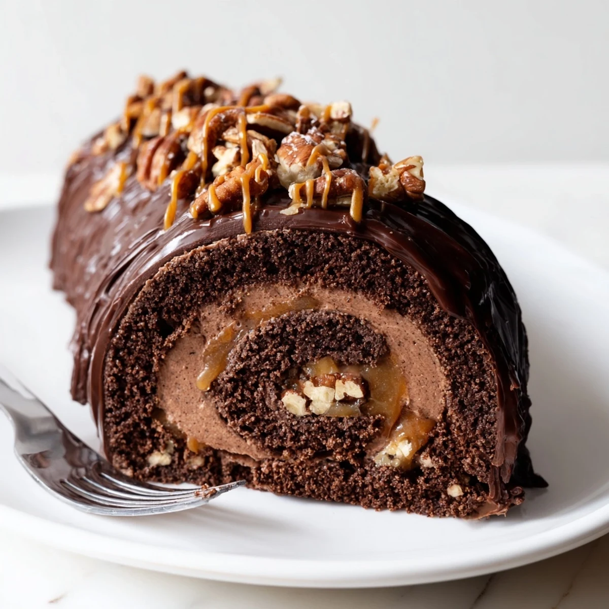Gooey chocolate caramel turtle cake roll sliced open revealing creamy caramel pecan filling