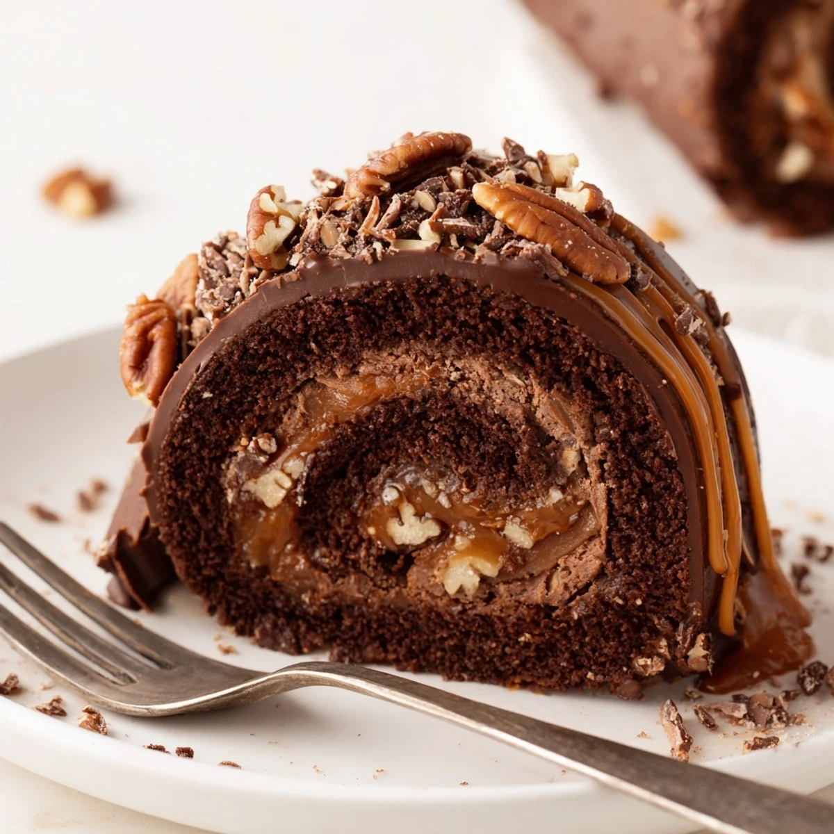 Rich chocolate turtle cake roll drizzled with glossy ganache on a rustic wooden board