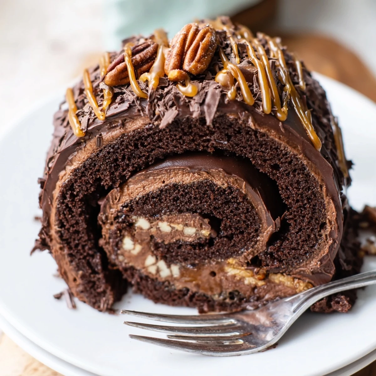 Decadent turtle cake roll topped with toasted pecans and a luscious caramel drizzle