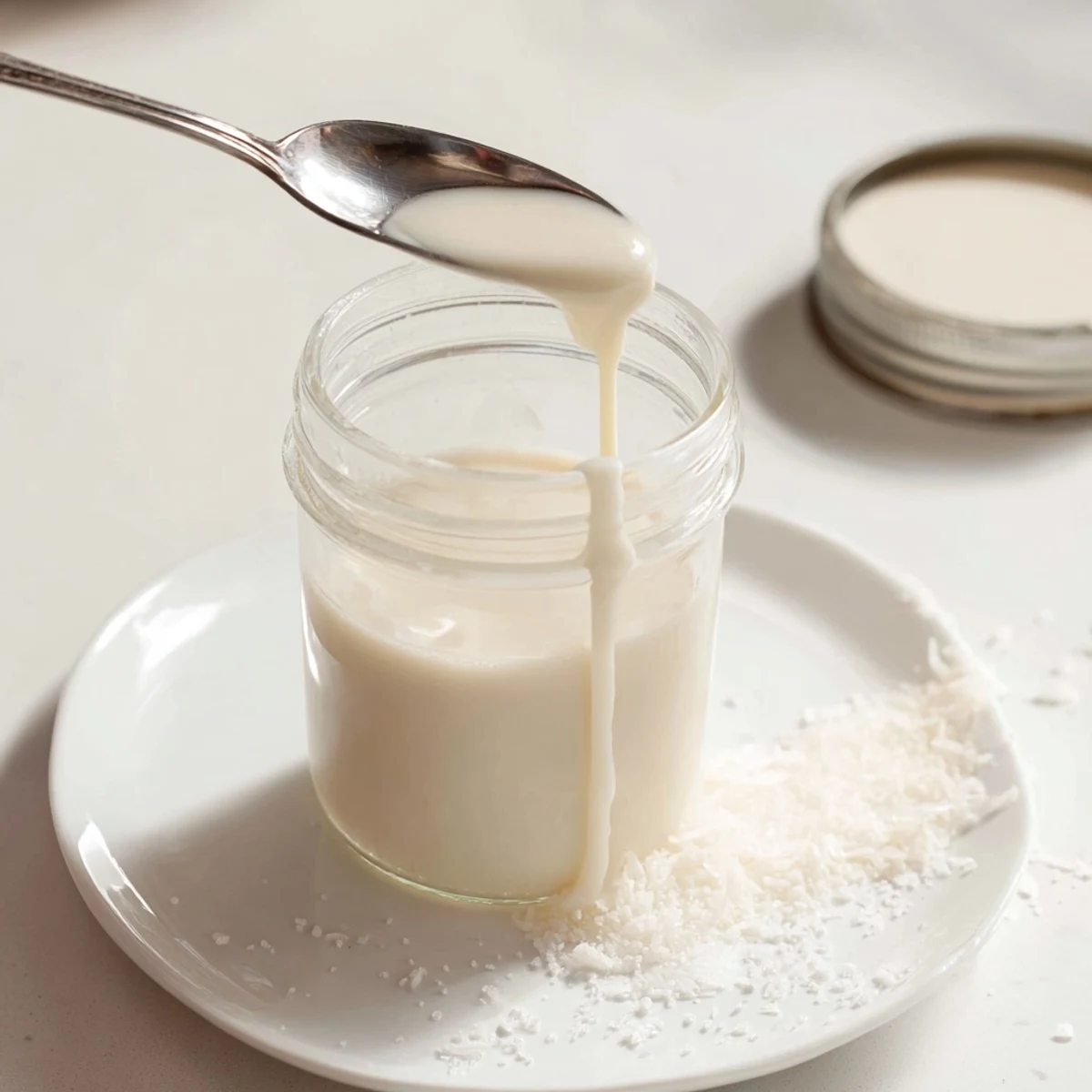 Golden condensed coconut milk drizzling smoothly from a spoon into a glass jar