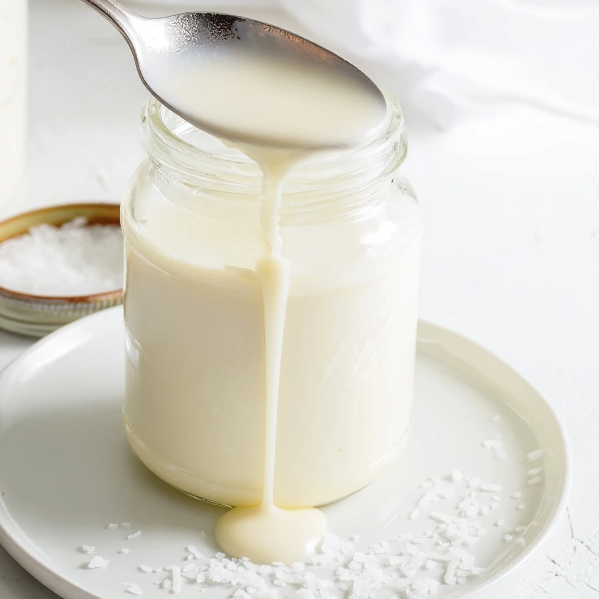Rich condensed coconut milk pooling glossy and sweet inside a ceramic bowl