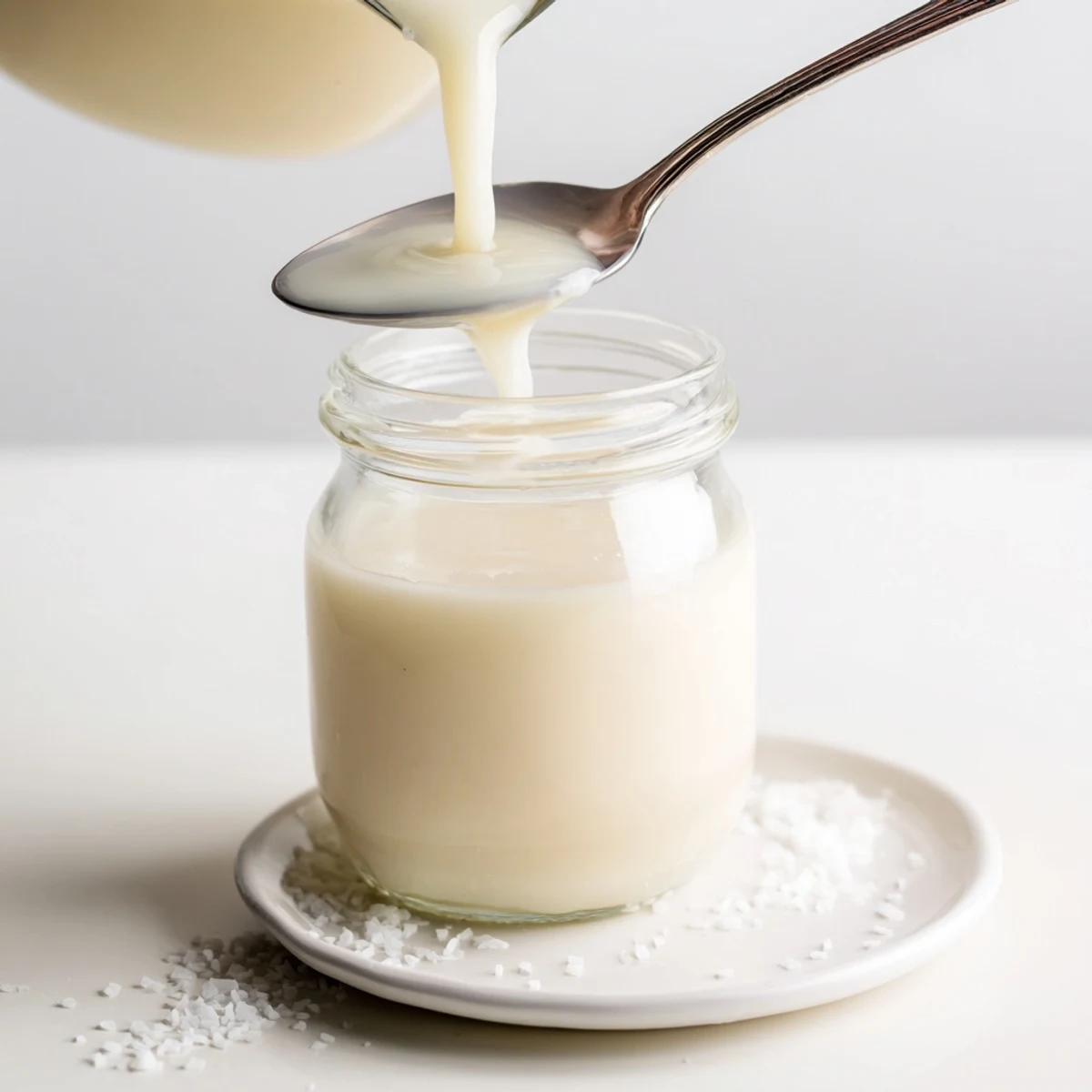 Thick creamy condensed coconut milk simmering in a saucepan with vanilla specks
