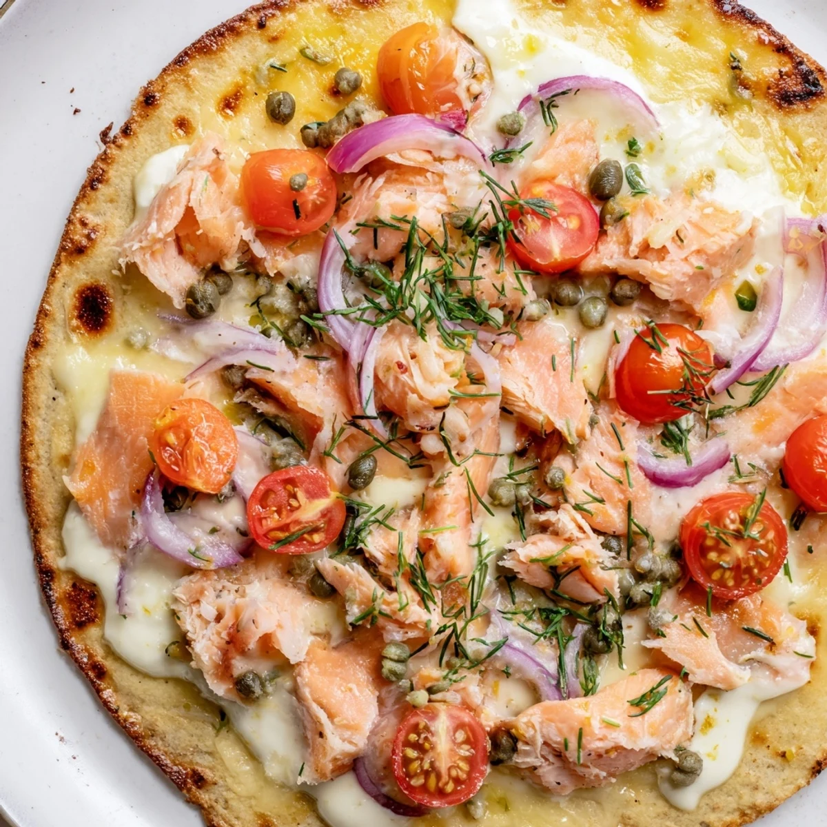 Leftover salmon tortilla pizza fresh from the oven with bubbling cheese and cherry tomatoes