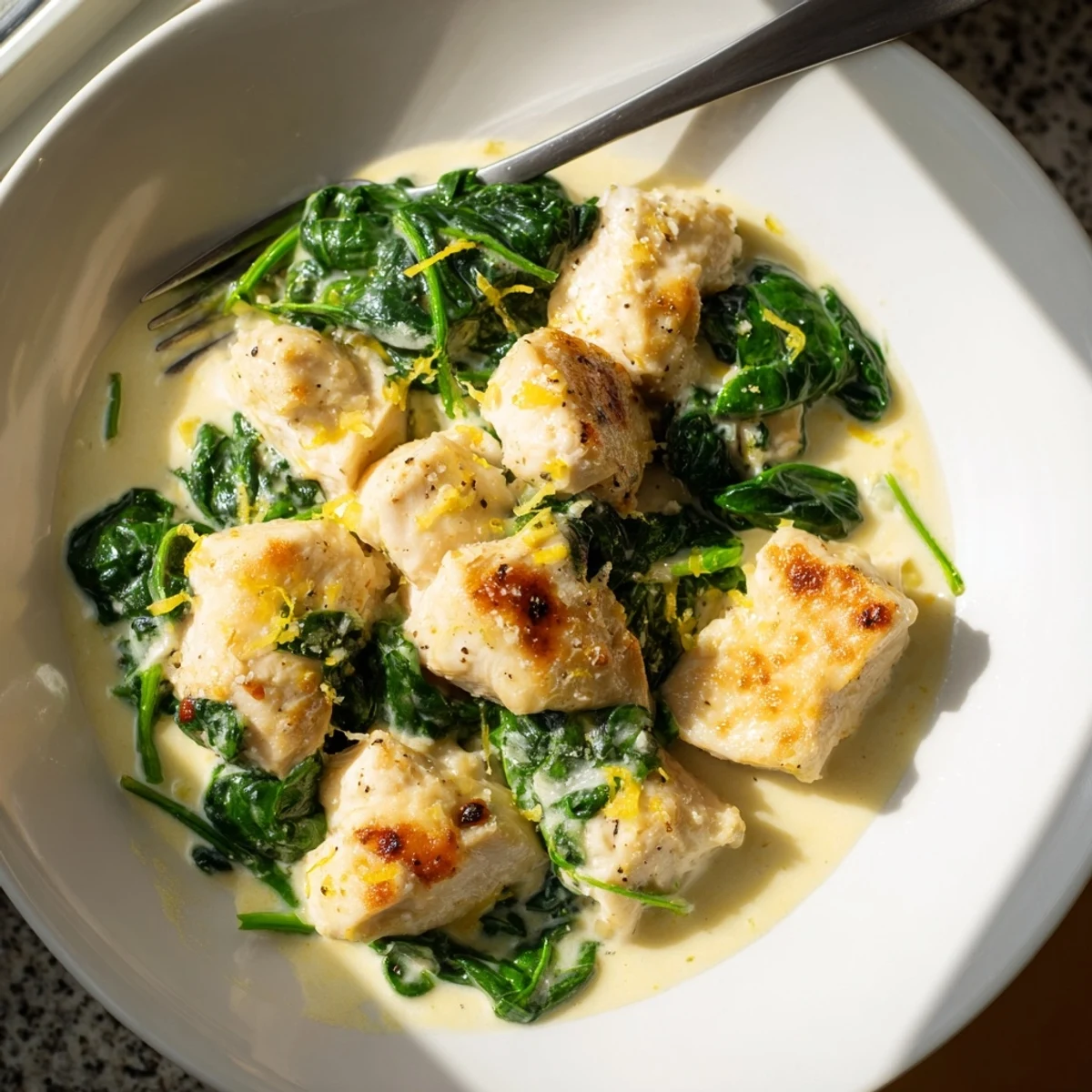 Golden seared Lemon Parmesan Spinach Chicken nestled in a creamy, vibrant green sauce