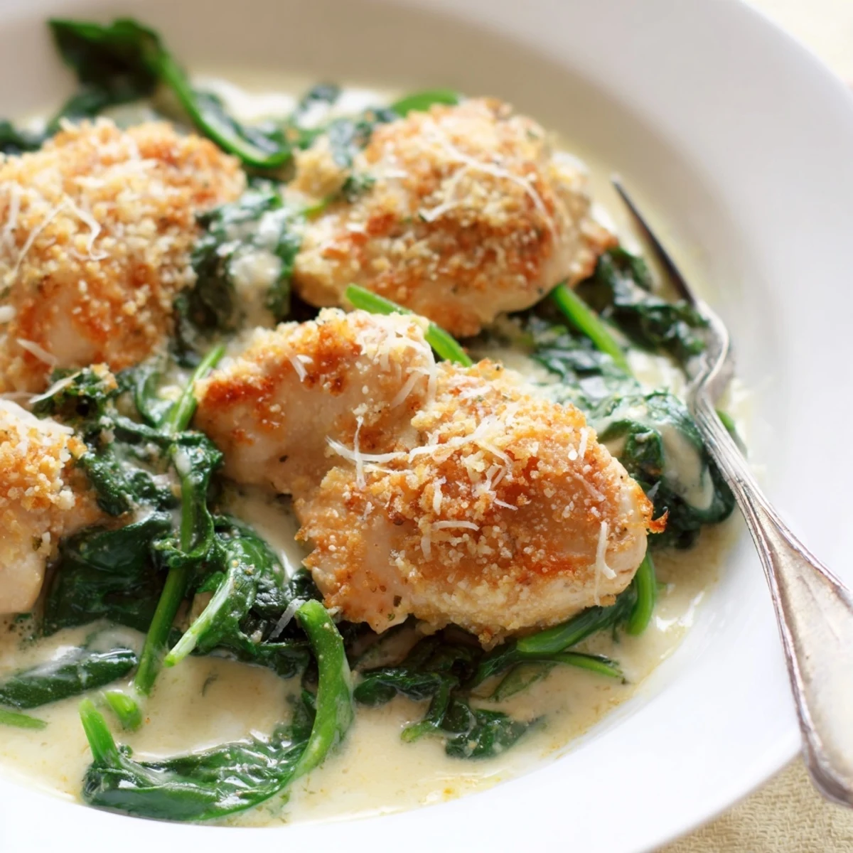 Juicy Lemon Parmesan Spinach Chicken topped with melted cheese and bright citrus garnish