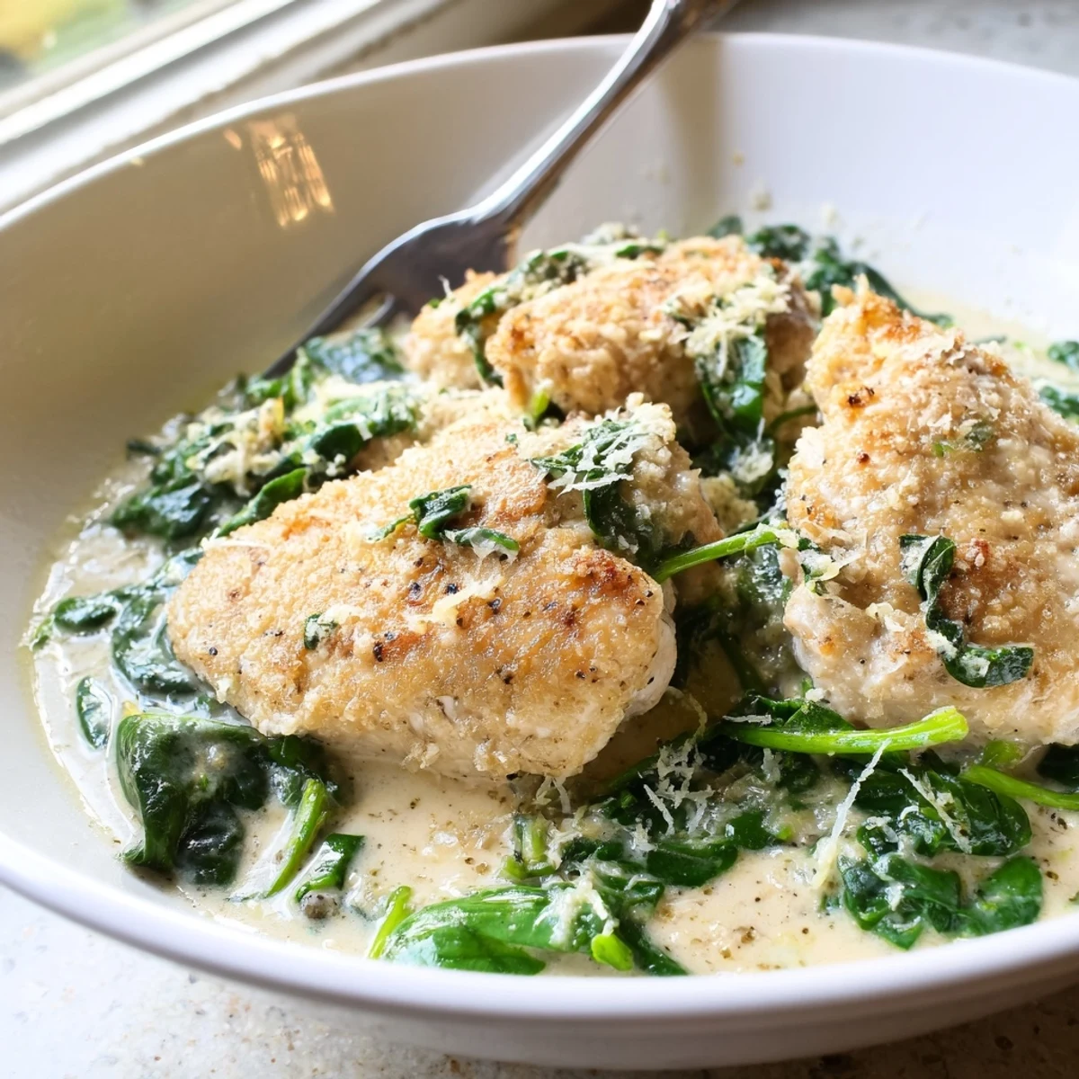 Creamy skillet Lemon Parmesan Spinach Chicken served over wilted greens with a Parmesan crust