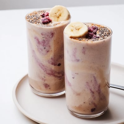 Velvety High Protein Smoothie poured into two glasses, perfect post-workout pick-me-up