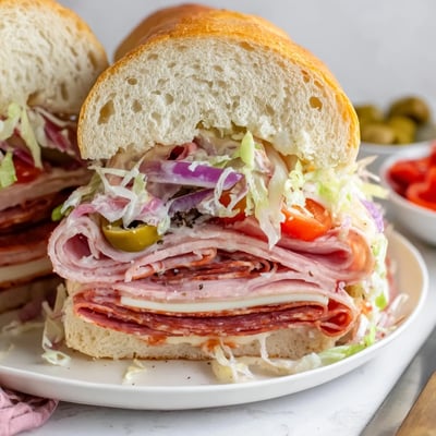Toasted Italian Grinder Salad Sandwich sliced in half, oozing provolone, crisp salad crunch