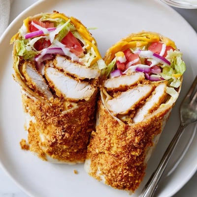 Handheld Crispy Chicken Ranch Wrap with crunchy panko coating and shredded lettuce
