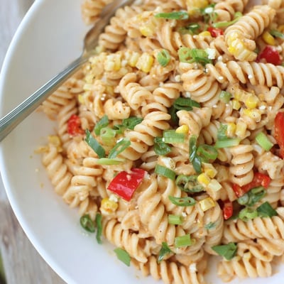 Chilled Street Corn Pasta Salad studded with Cotija, jalapeño, and cilantro