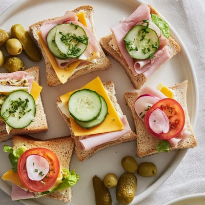 Tray of Mini Sandwiches ready for picnic, creamy spread and herbs.