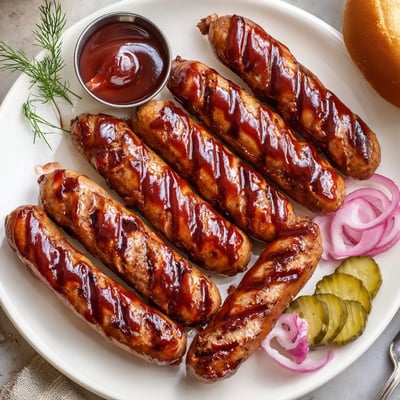 Smoky BBQ Sausage Recipe basted with sticky sauce on hot grill