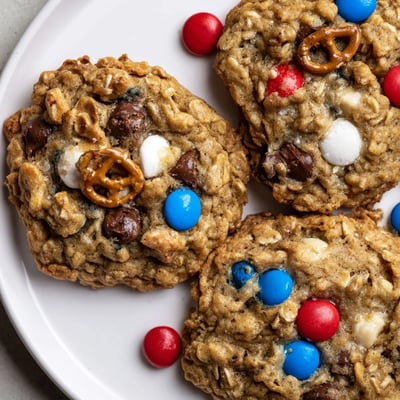 Plate of Patriotic Monster Cookies Recipe stacked, golden edges, served with milk