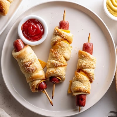 Smoky, garlicky Firecracker Hot Dogs on skewers, perfect for Fourth of July